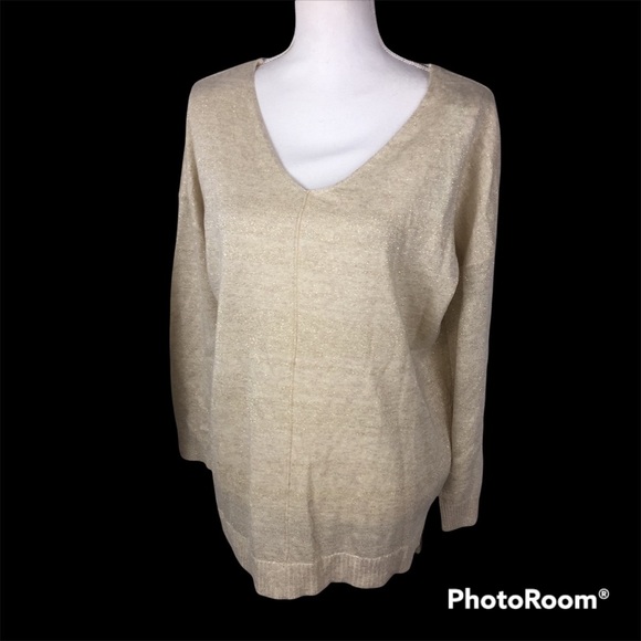 Gold Glitter Crossback Oversized Sweater Small Sparkle Shiny Party Holiday - Picture 2 of 8